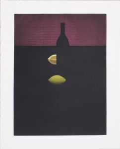 浜口陽三版画額「びんとレモンと赤い壁」/Yozo Hamaguchiのサムネール