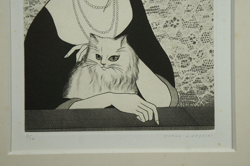 まとめ買い歓迎 版画 版画 小林ドンゲ 女と猫シリーズ 白いレース 小林 